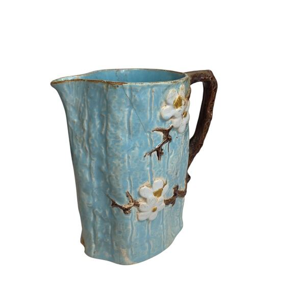 Joseph Holdcroft Antique Majolica 5.5 Inch Pitcher Dogwood Blue - Picture 4 of 8